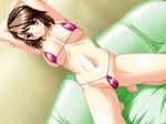  ane_wa_gravure_idol armpits arms_up bikini blue_eyes breasts brown_hair cameltoe game_cg inomata_ran kneeling large_breasts micro_bikini narucho navel solo swimsuit thong_bikini 