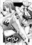  ass breasts butt_crack cameltoe cleavage clima-tact coat cowboy_hat crop_top denim denim_shorts fringe_trim greyscale hat highres huge_breasts matou midriff miniskirt monochrome multiple_girls nami_(one_piece) nico_robin one_piece pole short_shorts shorts skirt smile tattoo tongue western 