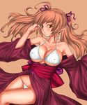  bikini breasts brown_hair character_request cleavage copyright_request covered_nipples japanese_clothes kimono large_breasts long_hair lying orange_eyes pointy_ears rokuichi solo swimsuit twintails yukata 