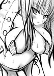  bikini blush breasts cleavage copyright_request covered_nipples greyscale huge_breasts monochrome solo stem swimsuit wet 