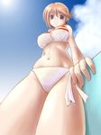  bikini blush breasts brown_hair covered_nipples day folded_ponytail from_below hair_ornament hairclip komaki_manaka large_breasts purple_eyes short_hair solo swimsuit to_heart_2 x-4kazu 