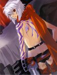  absurdres bakuretsu_tenshi fringe_trim gloves hakua_ugetsu highres jo_(bakuretsu_tenshi) panties red_eyes scan short_hair silver_hair solo tattoo underwear 