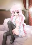  1girl artist_request bed bed_sheet black_legwear black_thighhighs blouse bottomless female indoors leg_lift long_hair louise_francoise_le_blanc_de_la_valliere mary_janes nipples open_clothes open_shirt pillow pillows pink_eyes pink_hair sheets shirt shoes sitting solo thighhighs zero_no_tsukaima 
