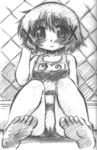  artist_request blush cameltoe feet greyscale hair_ornament hidamari_sketch highres monochrome name_tag one-piece_swimsuit school_swimsuit solo swimsuit x_hair_ornament yuno 