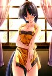  absurdres apron black_hair blush breast_squeeze breasts cleavage fukamori_shizuka highres large_breasts long_hair naked_apron open_mouth princess_waltz purple_eyes scan solo takeya_masami very_long_hair 