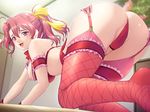  all_fours ass bra bra_pull breasts cameltoe game_cg garter_belt garters hair_ribbon lingerie looking_back medium_breasts niikura_akane ponytail purple_eyes red_hair red_legwear ribahara_aki ribbon ryoubo_-maternity_insult- solo thighhighs underwear 