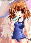  bracelet brown_hair child food hairband ice_cream jewelry kanon key_(company) popsicle red_eyes school_swimsuit short_hair swimsuit tongue tsukimiya_ayu wink young zoom_layer 