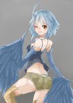  1girl ahoge artist_name ass blue_hair feathered_wings female from_behind grey_background harpy highres looking_back monster_girl monster_musume_no_iru_nichijou one_eye_closed open_mouth pappii rnd.jpg short_shorts shorts simple_background solo wings 