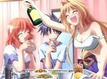  2girls akiyama_jun'ichi alcohol beer blonde_hair blush closed_eyes drunk food game_cg himekawa_kazumi kinoshita_rumi long_hair midriff multiple_girls murakami_suigun orange_hair panties pia_carrot_(series) pia_carrot_e_youkoso!!_g.o. short_hair smile table underwear 