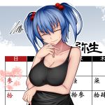  1girl aoshima bangs bare_arms bare_shoulders blue_background blue_hair breast_hold breasts camisole cleavage collarbone commentary_request eyebrows_visible_through_hair eyes_closed hair_between_eyes hair_bobbles hair_ornament hand_up head_tilt highres kawashiro_nitori large_breasts no_hat no_headwear outline pink_lips short_hair solo spaghetti_strap squiggle sweat touhou translation_request twintails two-tone_background upper_body white_background white_outline 