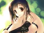  amazuyu_tatsuki breast_press breasts brown_hair final_fantasy final_fantasy_vii highres large_breasts long_hair naked_suspenders red_eyes sideboob solo suspenders tifa_lockhart topless wallpaper 