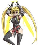  bardiche blonde_hair energy_sword fate_testarossa long_hair lyrical_nanoha mahou_shoujo_lyrical_nanoha_strikers nekomamire solo sword thighhighs twintails weapon 