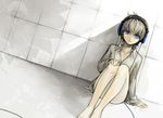  androgynous bad_id bad_pixiv_id barefoot blue_eyes bottomless headphones jan original short_hair silver_hair sitting solo 