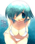  bikini bikini_pull blush breasts cleavage copyright_request curvy fang green_eyes green_hair hanging_breasts large_breasts leaning_forward one_eye_closed sakaki_(noi-gren) short_hair solo swimsuit water wet wide_hips 