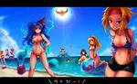  6+girls :d \o/ anklet annotation_request arms_up bandana barefoot beach bikini blonde_hair blue_hair brown_hair character_request cloud curvy day everyone frilled_bikini frills front-tie_top groin hand_on_hip highres jewelry kara_(color) lens_flare letterboxed long_hair looking_at_viewer lowleg lowleg_bikini multiple_girls navel nude ocean octopus one-piece_swimsuit open_mouth outdoors outstretched_arms protagonist_(romancing_saga_2) rocbouquet_(saga) romancing_saga romancing_saga_2 saga shorts sky smile striped striped_bikini sun swimsuit tentacles the_final_empress undressing water wet 