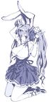  animal_ears arms_up breasts bunny_ears di_gi_charat dice_hair_ornament full_body hair_ornament hair_tucking kneeling large_breasts monochrome mutsutake shirt short_sleeves simple_background skirt solo twintails usada_hikaru white_background 