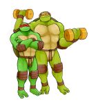  2019 2_toes anthro bandanna biceps dumbbell duo full-length_portrait headphones hi_res hyenaface knee_pads male mask michelangelo_(tmnt) muscular muscular_male portrait raphael_(tmnt) reptile scalie shell simple_background standing teenage_mutant_ninja_turtles toes turtle weights white_background 