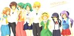  6+girls artist_request blonde_hair blue_hair blush brown_hair closed_eyes furude_rika green_eyes green_hair green_skirt hairband hanyuu higurashi_no_naku_koro_ni horns houjou_satoko houjou_satoshi long_hair maebara_keiichi multiple_boys multiple_girls orange_hair ponytail purple_eyes ribbon ryuuguu_rena school_uniform serafuku short_hair siblings sisters skirt smile sonozaki_mion sonozaki_shion twins 