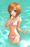  bikini blue_eyes breasts higurashi_no_naku_koro_ni m-shiganai medium_breasts navel orange_hair ryuuguu_rena short_hair side-tie_bikini small_breasts solo swimsuit untied untied_bikini water 