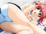  ass blush breasts brown_eyes cuffs game_cg handcuffs lying medium_breasts nipples on_side open_mouth panties red_hair saitou_kaho short_hair solo tesuta_~teach_&amp;_study~ underwear yamura_kazumi 