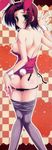  absurdres animal_ears ass ass_support back back-seamed_legwear bare_shoulders black_panties blush breasts bunny_ears bunny_tail bunnysuit checkered code_geass embarrassed from_behind frown green_eyes hairband happy_birthday_(artist) highres kallen_stadtfeld large_breasts leotard looking_back nipples panties panty_pull pantyhose pantyhose_pull pink_leotard red_hair seamed_legwear short_hair solo standing tail thigh_gap underwear undressing untied wrist_cuffs 