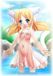  ahoge animal_ears blonde_hair blue_eyes blush cat_ears copyright_request fang flat_chest neko_usagi see-through solo twintails 