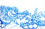 artist_request ass blue copyright_request kiss monochrome multiple_girls panties pillow sketch striped thighhighs underwear yuri 