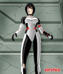  android artist_request black_hair bodysuit copyright_request damaged empty_eyes mecha red_eyes shiny shiny_clothes short_hair skin_tight solo spandex torn_clothes 