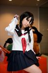  bandage_over_one_eye bandages black_hair braid cosplay eyepatch hair_over_shoulder kobushi_abiru photo sayonara_zetsubou_sensei school_uniform serafuku skirt solo twin_braids 