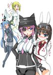  alcohol arnval artist_request asuka_(busou_shinki) black_hair blonde_hair blue_hair blush busou_shinki doll_joints drunk eyepatch goggles hat multiple_girls murmeltier pink_hair sake saliva strarf 