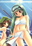  artist_request ass blue_eyes breasts brown_eyes brown_hair cameltoe copyright_request covered_nipples diving_mask fundoshi glasses green_hair harpoon hat highres japanese_clothes long_hair medium_breasts multiple_girls navel smile 