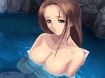  bathing breasts brown_eyes brown_hair cleavage game_cg large_breasts long_hair mitama_~shinobi~ sarasa_(mitama_~shinobi~) solo tanaka_takayuki water 