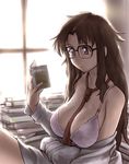  between_breasts book bra breasts brown_hair glasses large_breasts lingerie long_hair messy_hair necktie purple_eyes read_or_die solo ueyama_michirou underwear yomiko_readman 