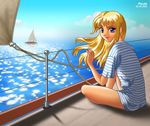  blonde_hair blue_eyes cloud copyright_request day long_hair lowres paula_pink ship shirt sky smile solo summer water watercraft 