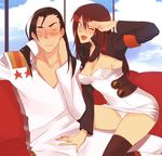  1girl black_hair blush brown_hair couple fang glasses hetero kinon koutarou_(farthest) long_hair one_eye_closed panties rossiu salute tengen_toppa_gurren_lagann thighhighs underwear uniform white_panties 