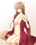  animal_ears breasts brown_eyes brown_hair cat_ears cleavage japanese_clothes jyuru kimono large_breasts legs long_hair naked_kimono navel open_clothes open_robe original robe sitting solo thighs 