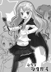 :d blush cape character_request eyebrows_visible_through_hair greyscale long_hair long_sleeves looking_at_viewer louise_francoise_le_blanc_de_la_valliere miniskirt monochrome multiple_girls open_mouth pantyhose pleated_skirt saeki_nao skirt smile tareme thighhighs very_long_hair zero_no_tsukaima 