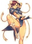  boots bracelet breasts brown_hair bun_cover china_dress chinese_clothes chun-li covered_nipples double_bun dress fumio_(rsqkr) jewelry leg_lift medium_breasts no_legwear pelvic_curtain short_hair solo spiked_bracelet spikes street_fighter 