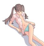  bad_id bad_pixiv_id brown_eyes brown_hair copyright_request flash_tomo long_legs lying navel no_pants on_back on_side open_clothes open_shirt panties shirt skinny solo striped striped_panties twintails underwear 