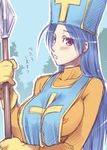  blue_hair blush bodysuit breasts covered_nipples dragon_quest dragon_quest_iii gloves hat large_breasts long_hair lowres mitre nipples orange_bodysuit priest_(dq3) purple_eyes redrop solo staff tabard 