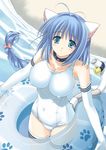  animal_ears bell blue_eyes blue_hair braid breasts cat_ears cleavage collar copyright_request covered_nipples elbow_gloves gloves goma_satoshi innertube large_breasts long_hair one-piece_swimsuit school_swimsuit single_braid solo swimsuit tail thighhighs water white_school_swimsuit white_swimsuit 