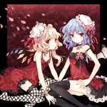  alternate_costume black_legwear blonde_hair blue_hair breasts choker cleavage contemporary dress face fishnets flandre_scarlet flower frills hat hat_flower lace lace-trimmed_thighhighs looking_at_viewer multiple_girls one_side_up petals red_eyes remilia_scarlet short_dress short_hair siblings sisters sitting sleeveless small_breasts smile tearfish thighhighs touhou wings 