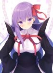  1girl bb_(fate)_(all) bb_(fate/extra_ccc) black_cloak blush breasts chains cloak closed_mouth commentary_request fate/grand_order fate_(series) firepo hair_ribbon hands_on_hips head_tilt highres large_breasts long_hair long_sleeves looking_at_viewer neck_ribbon purple_eyes purple_hair red_neckwear red_ribbon ribbon shirt smile solo taut_clothes taut_shirt turtleneck upper_body very_long_hair white_background white_shirt wide_sleeves 