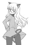  anbe_masahiro animal_ears back cat_ears cat_tail glasses greyscale long_hair looking_back monochrome panties panties_under_pantyhose pantyhose pantyshot perrine_h_clostermann solo strike_witches tail underwear uniform world_witches_series 