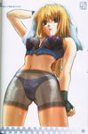  90s blonde_hair bra breasts covered_nipples excel excel_saga gloves green_eyes highres large_breasts lingerie navel panties rikudou_koushi scan see-through solo stomach towel towel_on_head underwear wet 