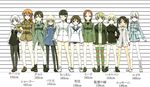  6+girls belt black_hair black_legwear blazer blonde_hair blue_eyes boots brown_eyes brown_hair charlotte_e_yeager dress_shirt eila_ilmatar_juutilainen erica_hartmann everyone francesca_lucchini gertrud_barkhorn glasses green_eyes hand_on_hip height_chart jacket katana lineup long_hair looking_at_viewer lynette_bishop military military_uniform minna-dietlinde_wilcke miyafuji_yoshika multiple_girls neck_ribbon necktie no_pants non-web_source orange_eyes orange_hair panties pantyhose perrine_h_clostermann pinstripe_legwear pinstripe_pattern pleated_skirt ponytail pouch red_hair ribbon sailor_collar sakamoto_mio sanya_v_litvyak school_uniform sheath shirt shoes short_hair short_twintails silver_hair skirt strike_witches striped sword twintails underwear uniform weapon white_legwear world_witches_series yellow_eyes 