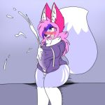  anthro big_tail blush breasts bulge canid canine clothed clothing cum cumshot dickgirl ejaculation excessive_cum fluffy fox fur hair intersex mammal mazz mazzlerazz open_mouth orgasm smile solo thick_thighs wide_hips 