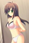  blush bra brown_hair green_eyes kazumasa lingerie long_hair original panties solo underwear underwear_only 