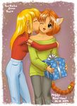  animal_ears blonde_hair blush cat cat_ears christmas copyright_request denim gift holding holding_gift jacket jeans long_hair multiple_girls orange_hair pants paula_pink short_hair yellow_eyes 