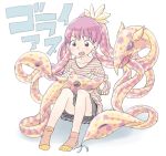 1girl andoryu_(savile_row_17_banchi) female monster_girl multicolored_hair no_shoes open_mouth original pink_hair quad_tails sitting skirt socks solo tentacle_hair white_background 